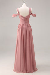 Dusty Rose Kalte Schulter Chiffon Gerafftes Langes Brautjungfernkleid mit Schlitz